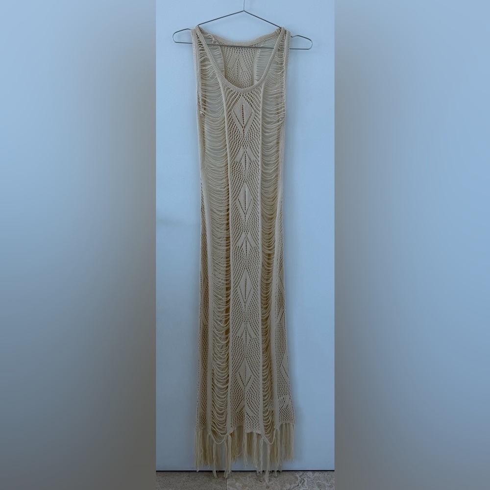 Artisanal Crochet Fringe Maxi Dress - Cream